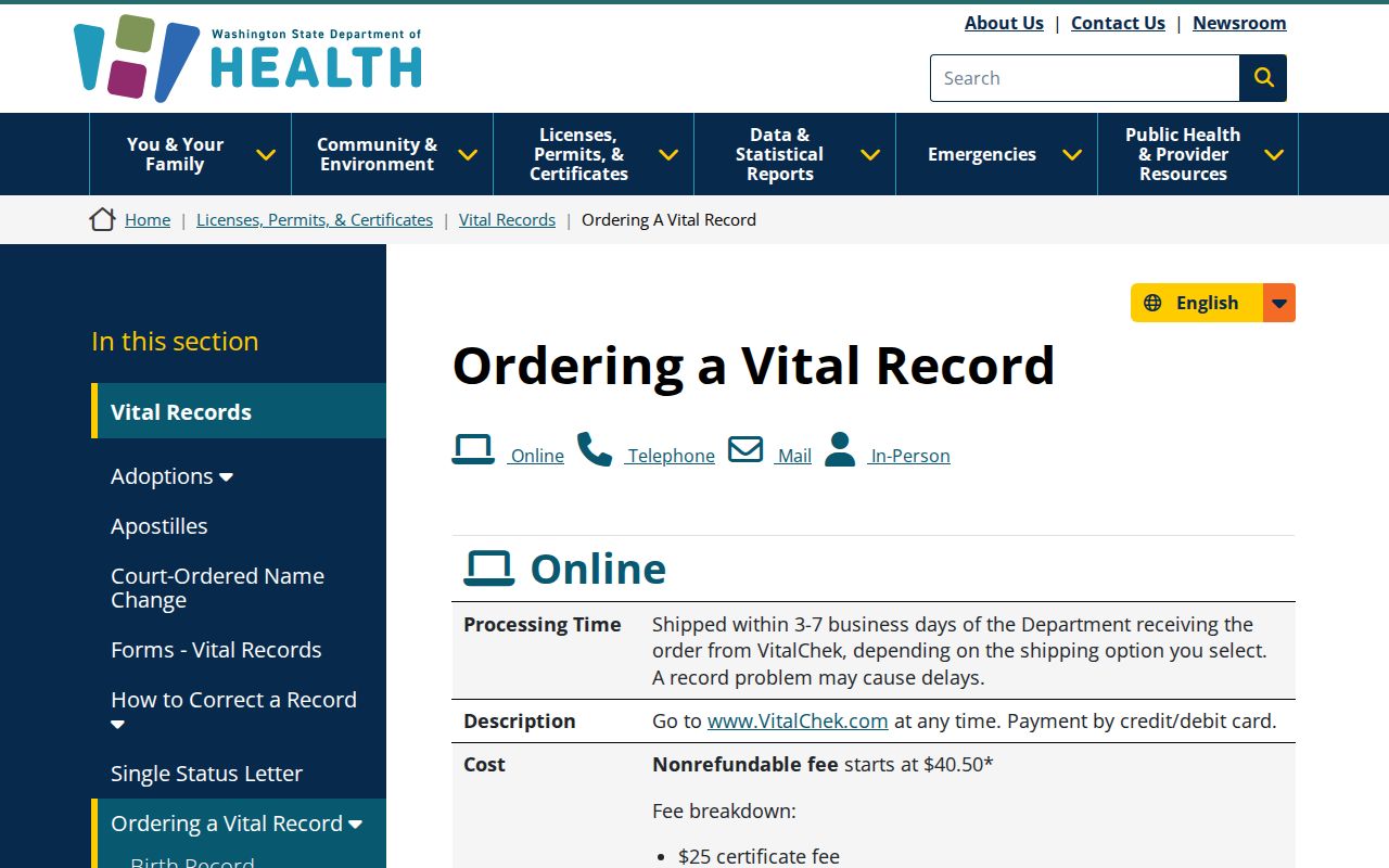 Lynnwood public records Washington vital certificate ordering page