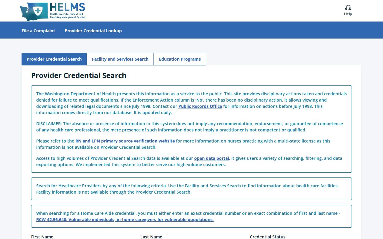 Lynnwood public records Washington health provider credential search